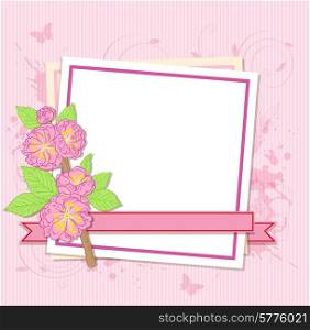 Decorative white vector frame with pink peach flowers