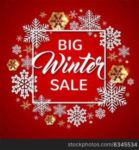 Decorative winter frame with white and golden snowflakes on a red background. Design for seasonal Christmas sale