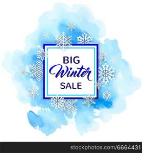 Decorative winter frame with white snowflakes and blue watercolor texture. Design for seasonal Christmas sale