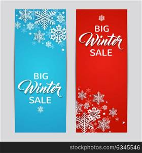 Decorative winter vertical banners with white snowflakes on a blue and red backgrounds. Design for seasonal Christmas sale. Vector illustration
