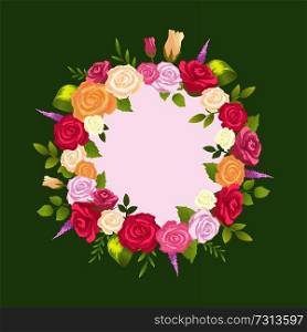 Decorative wreath made of gentle rose flowers and lavender, vector illustration round frame made of blooming flowers, green leaves vector illustration. Decorative Wreath Made of Gentle Rose Flowers