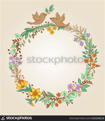 Decorative wreath of flowers, leaves and birds