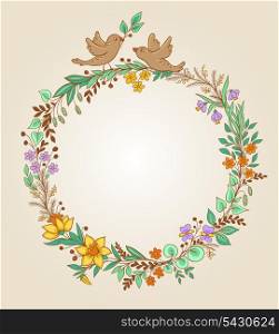 Decorative wreath of flowers, leaves and birds