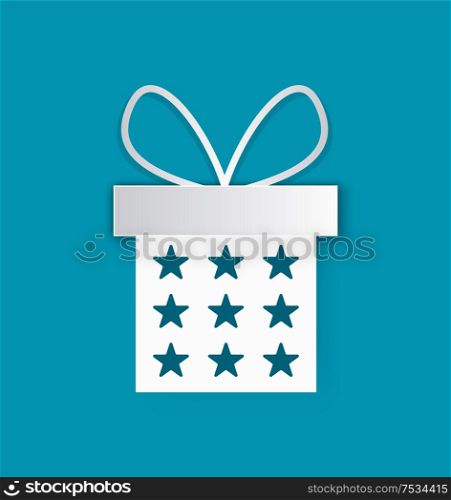 Decorative Xmas present with cut out stars, isolated on blue. Vector package box, paper cut decorations, surprise on Christmas and New Year, topped by bow. Decorative Xmas Present with Cut Out Stars, Vector