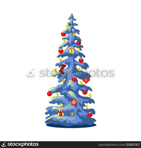 decoratred illuminated snowy Christmas tree with colorful ornaments, balls, toys, candles. isolated on white. Vector illustration. decoratred illuminated snowy Christmas tree with colorful ornaments, balls, toys, candles. isolated on white