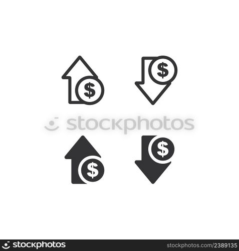Decrease and increase in profit icon set. Up and down dollar arrow illustration symbol. Sign rise and fall of the dollar vector desing.