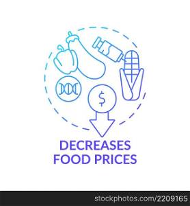 Decreases food prices blue gradient concept icon. Genetically modified food. Advantages of gmo abstract idea thin line illustration. Isolated outline drawing. Myriad Pro-Bold fonts used. Decreases food prices blue gradient concept icon