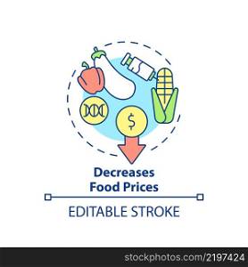 Decreases food prices concept icon. Genetically modified food. Advantages of gmo abstract idea thin line illustration. Isolated outline drawing. Editable stroke. Arial, Myriad Pro-Bold fonts used. Decreases food prices concept icon
