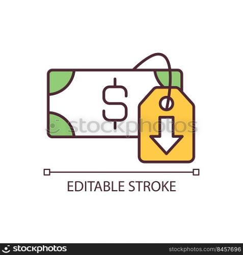 Decreasing currency value RGB color icon. Worthless money and inflation. Economic issue. Financial crisis. Isolated vector illustration. Simple filled line drawing. Editable stroke. Arial font used. Decreasing currency value RGB color icon