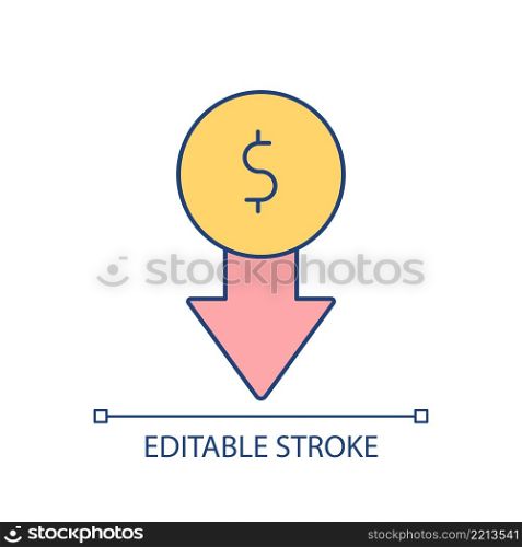 Decreasing price RGB color icon. Cost reduction. Lower expenses and expenditures. Discount and sale. Isolated vector illustration. Simple filled line drawing. Editable stroke. Arial font used. Decreasing price RGB color icon