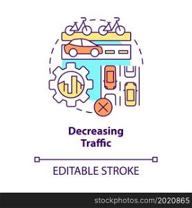 Decreasing traffic concept icon. Scooter sharing benefit abstract idea thin line illustration. Cycling-friendly infrastructure. Smart mobility. Vector isolated outline color drawing. Editable stroke. Decreasing traffic concept icon