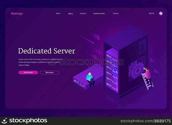 Dedicated server banner. Internet hosting service with private access to hardware, data storage and network in datacenter. Vector landing page with isometric people in data center with servers on rack. Dedicated server banner, Internet hosting service