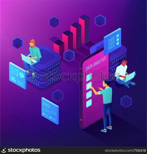 Dedicated team working on a project isometric concept. Business anlyst, front end and beck end developers implementing features. Software development on ultraviolet background. Vector 3d illustration.. Dedicated team working on a project isometric concept.