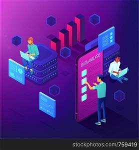 Dedicated team working on a project isometric concept. Business anlyst, front end and beck end developers implementing features. Software development on ultraviolet background. Vector 3d illustration.. Dedicated team working on a project isometric concept.