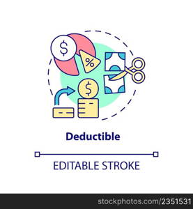 Deductible concept icon. Coverage payment before claim. Insurance component abstract idea thin line illustration. Isolated outline drawing. Editable stroke. Arial, Myriad Pro-Bold fonts used. Deductible concept icon