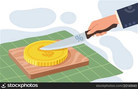 Deduction tax or debt. Hand cutting off piece with knife. Payment of loan interest. Budget reduction. Person slicing gold coin. Banking credit commission percent. Financial obligation. Vector concept. Deduction tax or debt. Hand cutting off piece with knife. Payment of loan interest. Budget reduction. Person slicing coin. Banking commission percent. Financial obligation. Vector concept