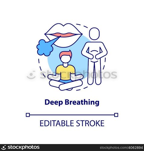Deep breathing concept icon. Right way to breathe for relax. PSTD coping strategy abstract idea thin line illustration. Isolated outline drawing. Editable stroke. Arial, Myriad Pro-Bold fonts used. Deep breathing concept icon