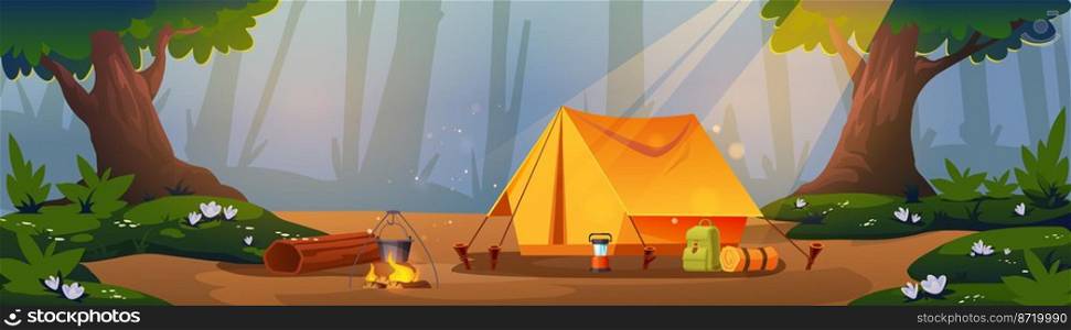 Deep forest with summer c&on glade. Vector cartoon illustration of woods landscape with trees and c&site with tent, bonfire, backpack, lantern and bowler. Deep forest with summer c&on glade