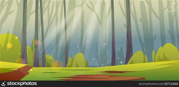 Deep forest with sunny glade, green grass and tree trunks silhouettes. Vector cartoon illustration of summer woods landscape with sunshine beams. Jungle panorama with green lawn. Deep forest with glade, green grass and trees