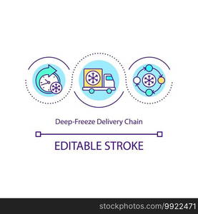 Deep-freeze delivery chain concept icon. Temperature-controlled supply chain for vaccines idea thin line illustration. Covid vaccine. Vector isolated outline RGB color drawing. Editable stroke. Deep-freeze delivery chain concept icon