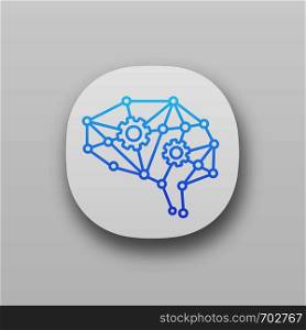 Deep learning AI app icon. UI/UX user interface. Neurotechnology. Neural network with cogwheels. Digital brain. Artificial intelligence. Web or mobile application. Vector isolated illustration. Deep learning AI app icon
