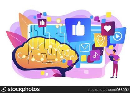 Deep learning algorithm. Artificial intelligence control of internet. AI in social media, AI content tracking, automated image recognition concept. Bright vibrant violet vector isolated illustration. AI in social media concept vector illustration
