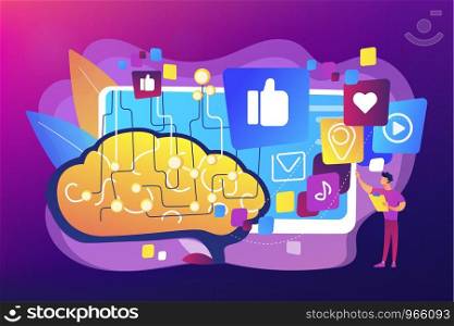 Deep learning algorithm. Artificial intelligence control of internet. AI in social media, AI content tracking, automated image recognition concept. Bright vibrant violet vector isolated illustration. AI in social media concept vector illustration