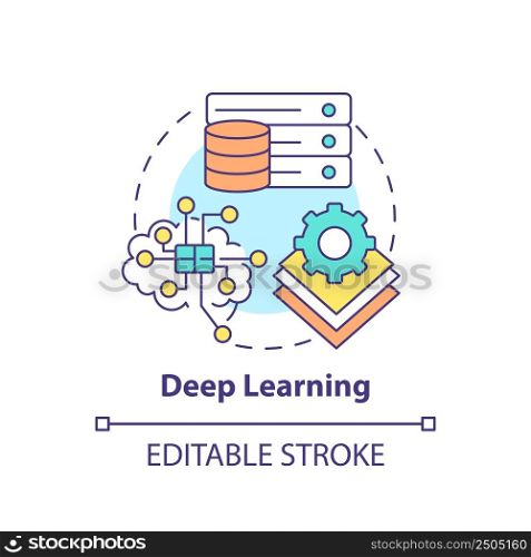 Deep learning concept icon. Excessive amount of data. Field of machine learning abstract idea thin line illustration. Isolated outline drawing. Editable stroke. Arial, Myriad Pro-Bold fonts used. Deep learning concept icon
