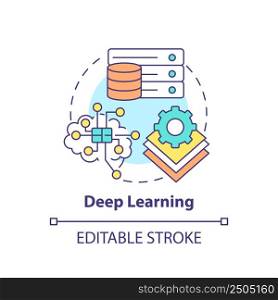 Deep learning concept icon. Excessive amount of data. Field of machine learning abstract idea thin line illustration. Isolated outline drawing. Editable stroke. Arial, Myriad Pro-Bold fonts used. Deep learning concept icon