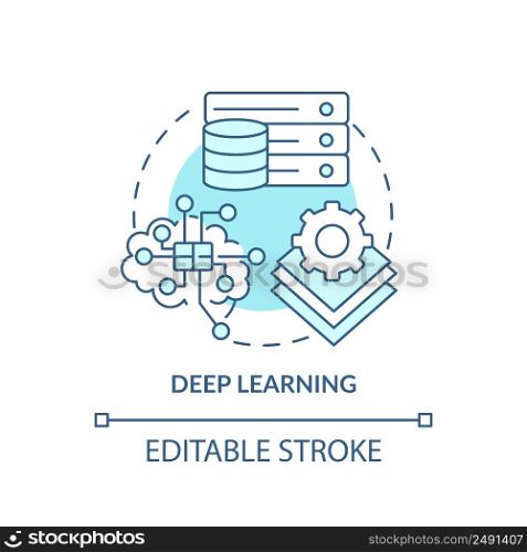 Deep learning turquoise concept icon. Excessive amount of data. Machine learning abstract idea thin line illustration. Isolated outline drawing. Editable stroke. Arial, Myriad Pro-Bold fonts used. Deep learning turquoise concept icon