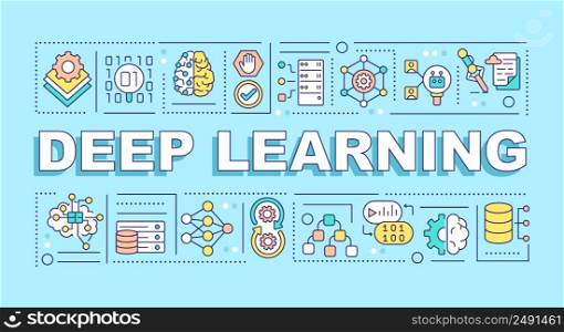 Deep learning word concepts blue banner. Neural network. Machine learning. Infographics with icons on color background. Isolated typography. Vector illustration with text. Arial-Black font used. Deep learning word concepts blue banner