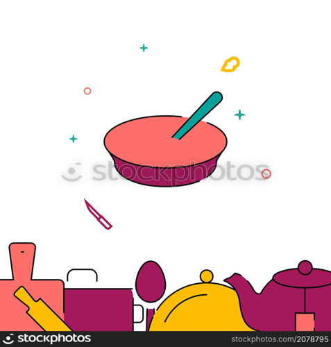 Deep plate with spoon filled line vector icon, simple illustration, related bottom border.. Deep plate with spoon filled line icon, simple vector illustration