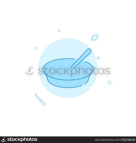 Deep plate with spoon vector icon. Kitchen utensil. Flat illustration. Filled line style. Blue monochrome design. Editable stroke. Adjust line weight.. Deep plate with spoon flat vector icon. Kitchen utensil. Filled line style. Editable stroke