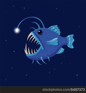 Deep sea angler fish vector illustration, Deep sea animal fish with flashlight on head