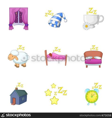 Deep sleep icons set. Cartoon set of 9 deep sleep vector icons for web isolated on white background. Deep sleep icons set, cartoon style