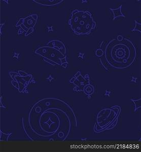 Deep space exploration abstract seamless pattern. Vector shapes on dark blue background. Trendy texture with cartoon color icons. Design with graphic elements for interior, fabric, website decoration. Deep space exploration abstract seamless pattern
