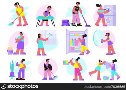 Deep spring cleaning flat set with wardrobe clothing decluttering dusting shelves washing windows vacuum cleaning vector illustration