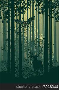 Deer and Abstract Forest Landscape. Deciduous forest landscape with silhouettes of trees and deer in green mist.