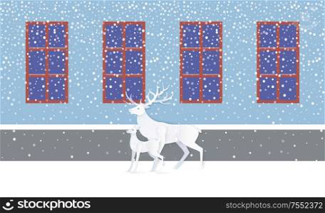 Deer and fawn in white near blue wall with windows. Greeting card with animals near casement with dark view and snow falling weather in flat style vector. Deer and Fawn near Wall with Windows, Snow Vector