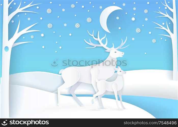Deer and fawn near trees, dark sky and snow falling weather. Card in flat style with animals near woods, snowy sky with big moon in white color vector, paper art and craft style. Deer and Fawn in Snowy Forest at Night Vector