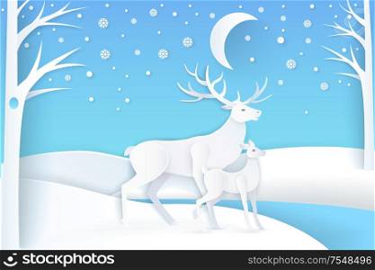 Deer and fawn near trees, dark sky and snow falling weather. Card in flat style with animals near woods, snowy sky with big moon in white color vector, paper art and craft style. Deer and Fawn in Snowy Forest at Night Vector