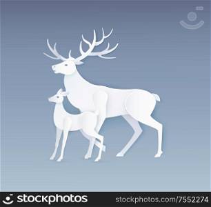 Deer and fawn with full side view. Card in flat style with white animals isolated on grey vector. Simple design of beasts, paper art and craft style. Deer and Fawn with Full Side View on Grey Vector