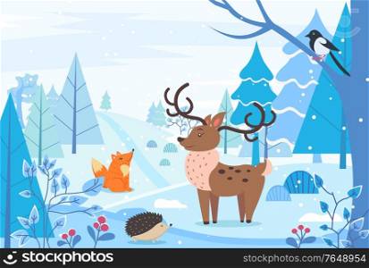 Deer and hedgehog, fox and bullfinch sitting on branch in winter forest. Landscape of woodlands with trees and bushes with berries. Reindeer at field with animals. Wintertime print vector in flat. Winter Landscape with Animals, Deer and Fox Urchin