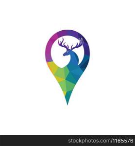 Deer and map pointer logo design. Deer locator logo design. Animal place icon.