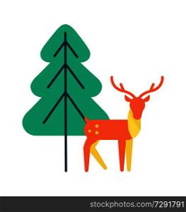 Deer animal icon, horned reindeer in orange and yellow color, vector illustration isolated on white background near green spruce tree in simple design. Deer Animal Icon, Horned Reindeer in Orange Color