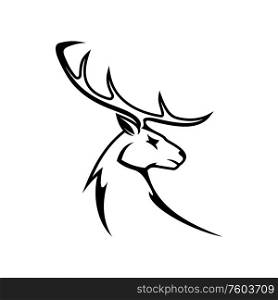 Deer animal with antlers isolated profile head. Vector whitetail reindeer, elk or moose mascot. Moose or elk deer animal head isolated