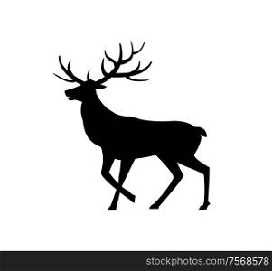 Deer animal with horns isolated icon silhouette vector. Wild life mammal with fur, character living in forests, winter stag, drawing of moose zoo. Deer Animal with Horns Isolated Icon Silhouette