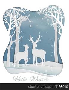 Deer couple standing in the forest with winter snow,nature background for Christmas holiday,celebration party,happy new year or greeting card,vector illustration