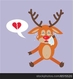 Deer Crying for Broken Heart Reindeer Disappointed. Deer crying for broken heart. Reindeer disappointed in love in flat style design. Disenchantment in relationships with girlfriend. Concept about one-side love, difficult love and expectancy. Vector