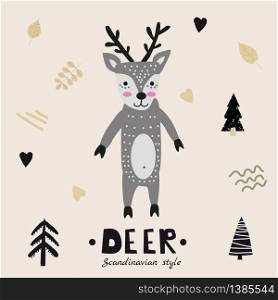 Deer cute funny character. Childish vector illustration in scandinavian style. Deer cute funny character.Childish vector illustration in scandinavian style flat design. Vector illusttration isolated concept for children print poster banner